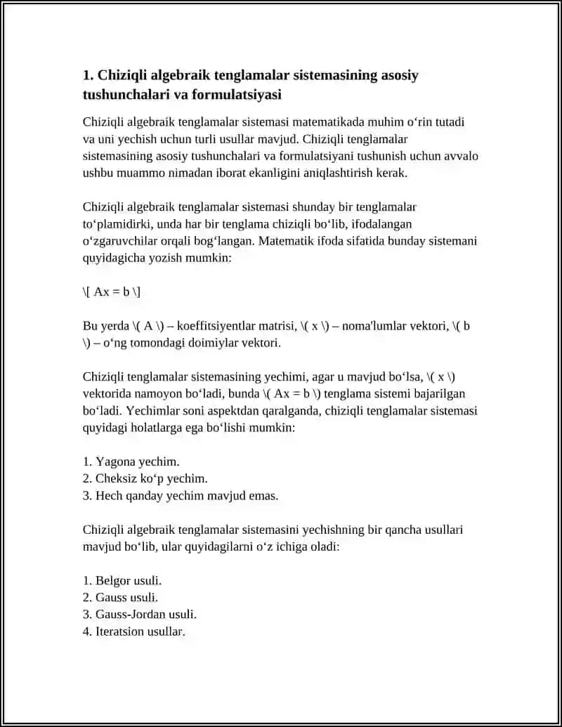 CHIZIQLI ALGEBRAIK TENGLAMALAR SISTEMASINI TAQRIBIY YECHISH. ODDIY ITERATSIYA VA ZEYDEL USULLARI 4