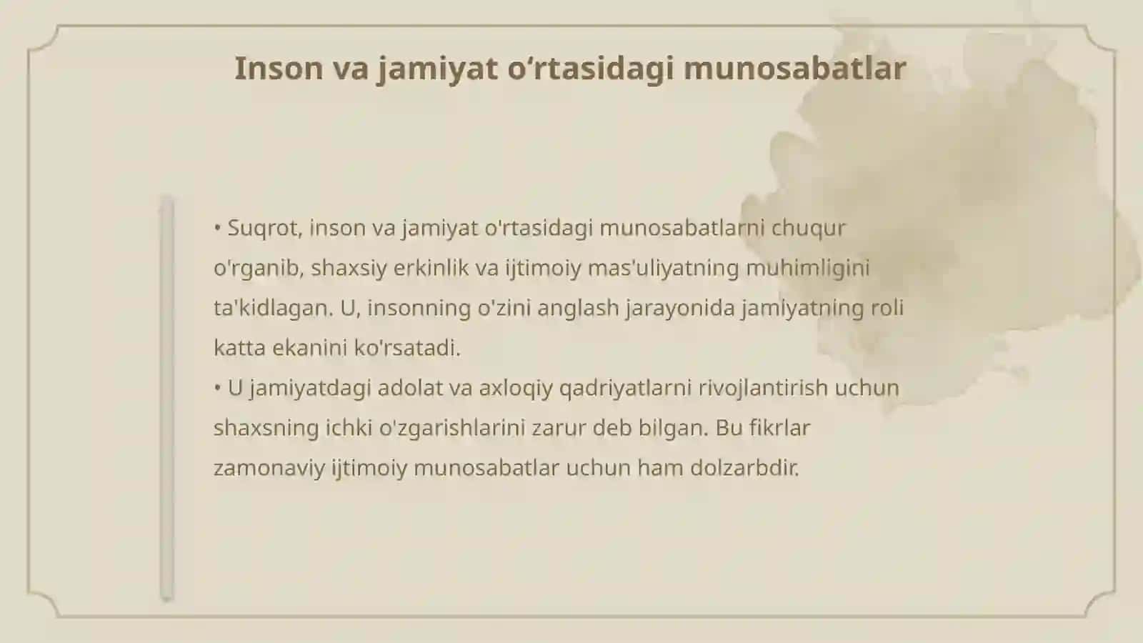 Suqrotning jamiyat va inson o‘zaro munosabatlari 4