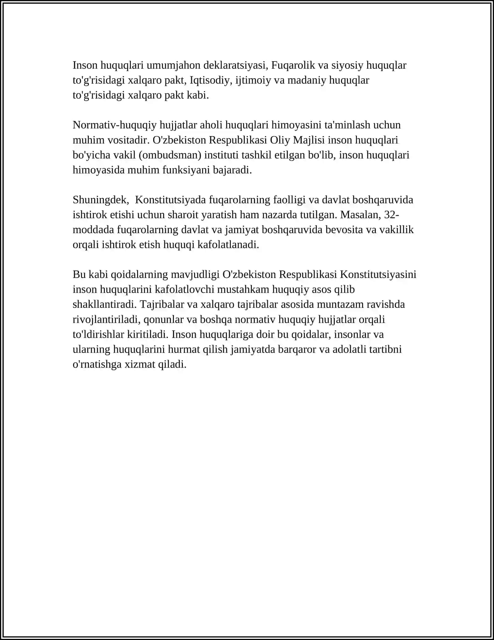 O'ZBEKISTONDA INSON HUQUQLARI VA ERKINLIKLARI KAFOLATINING YARATILISHI 4