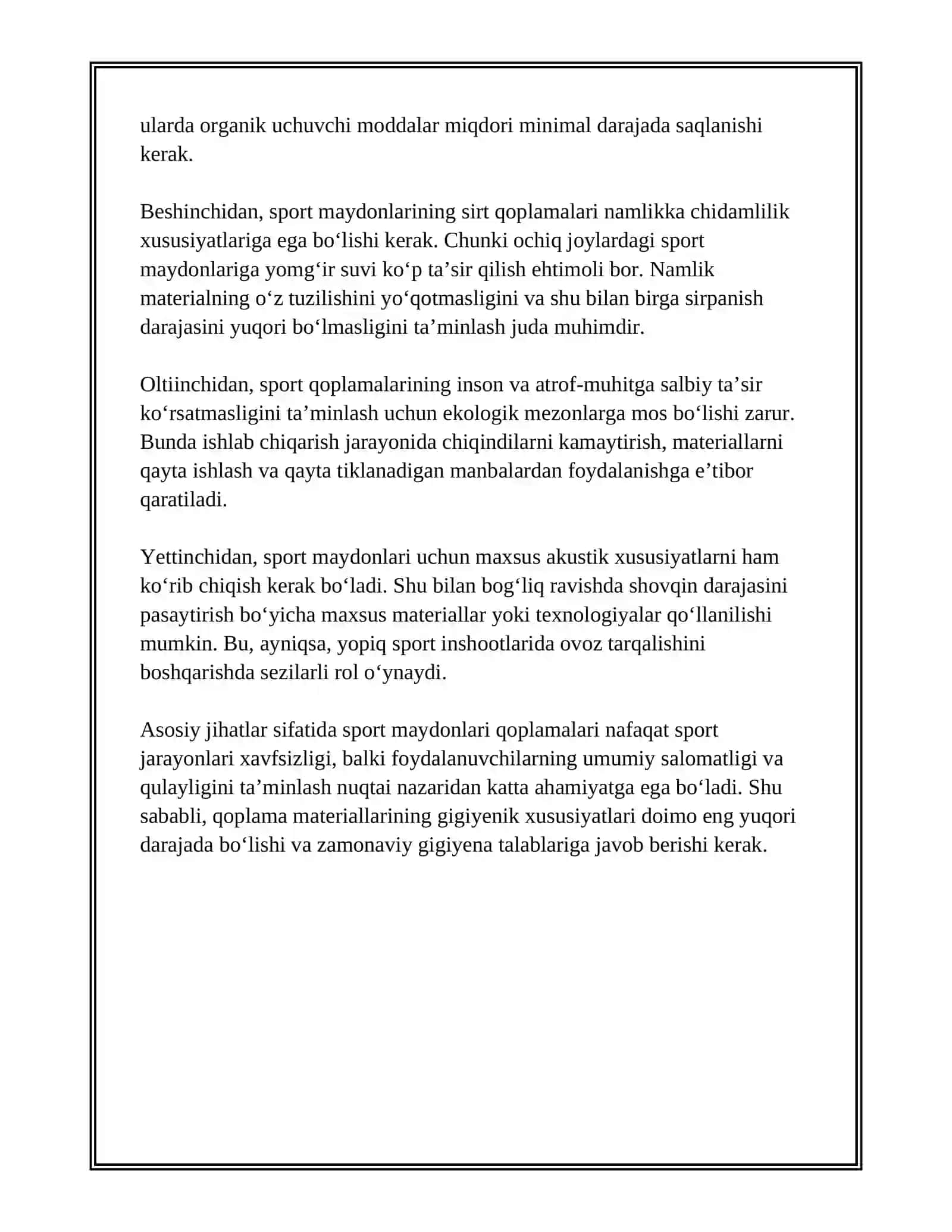 SPORT MAYDONLARI QOPLAMALARIGA QO‘YILADIGAN GIGIYENIK TALABLAR 4