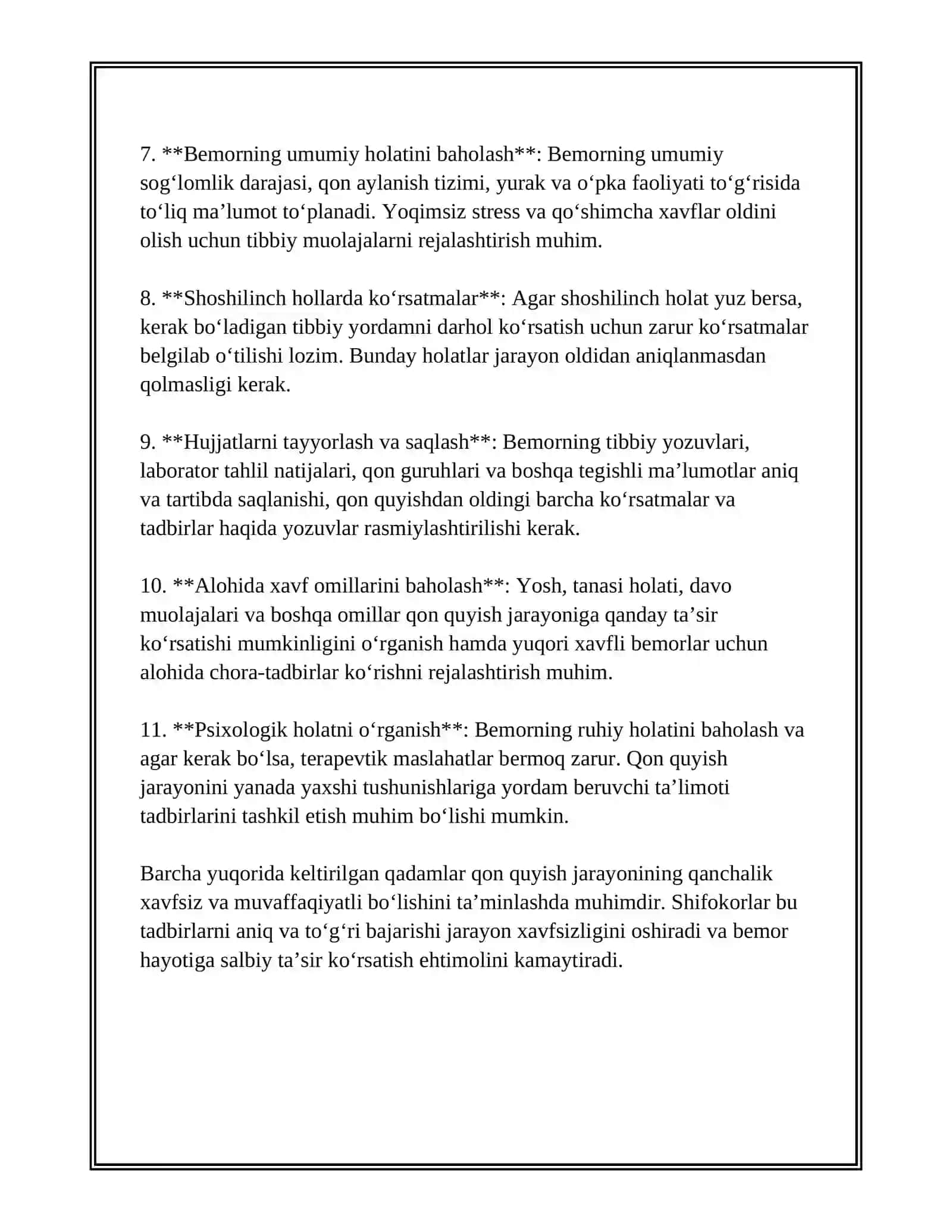 QON QUYISH BOʻYICHA SHIFOKORNING MAJBURIYATLARI. MUVOFIQ TESTLARI 4