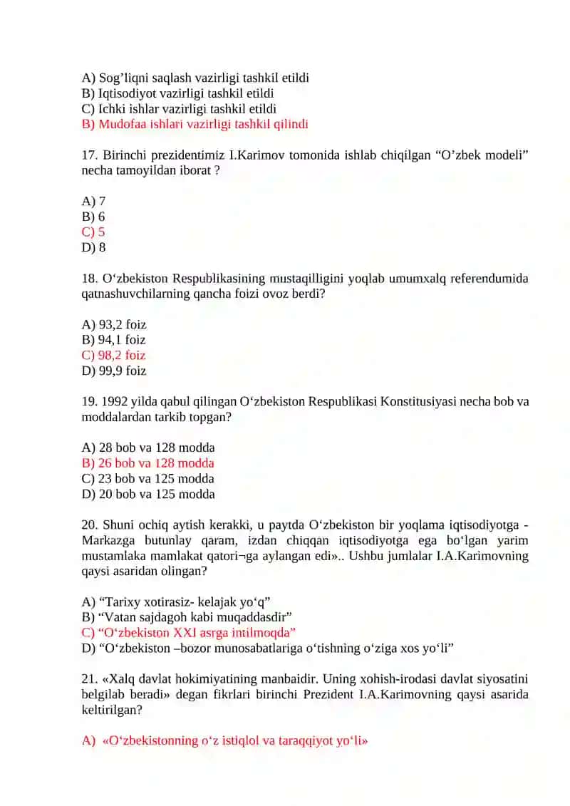 Mustaqil O‘zbekiston Respublikasi tashkil topishining tarixiy ahamiyati. O‘zbekistonning o‘ziga xos istiqlol va taraqqiyot yo‘li.   Test savollari. 4