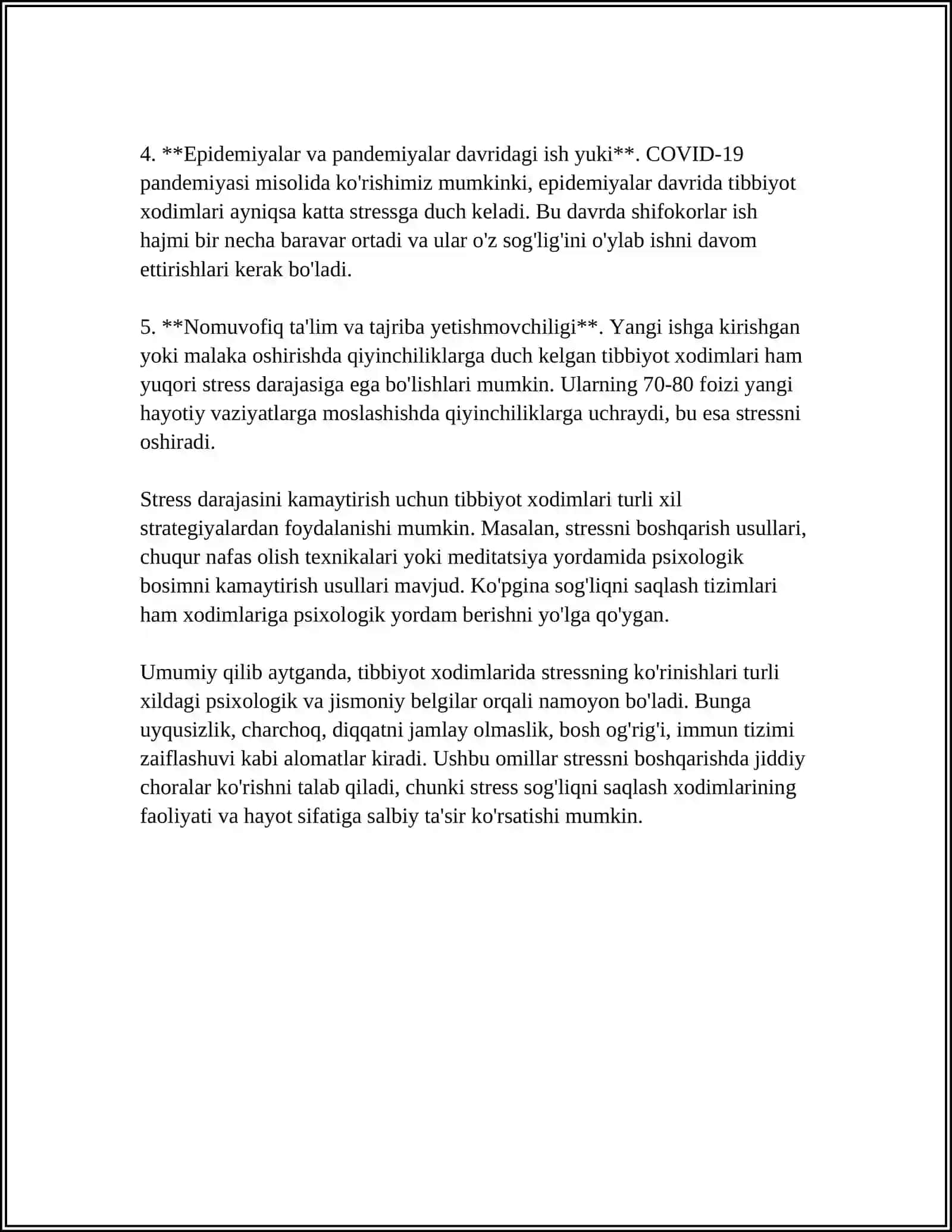 TIBBIYOT XODIMLARIDA EMOTSIONAL HOLATLARINING O'ZIGA XOSLIGI:STRESS VA UNING BOSQICHLARI,BARTARAF ETISH YO'LLARI 4