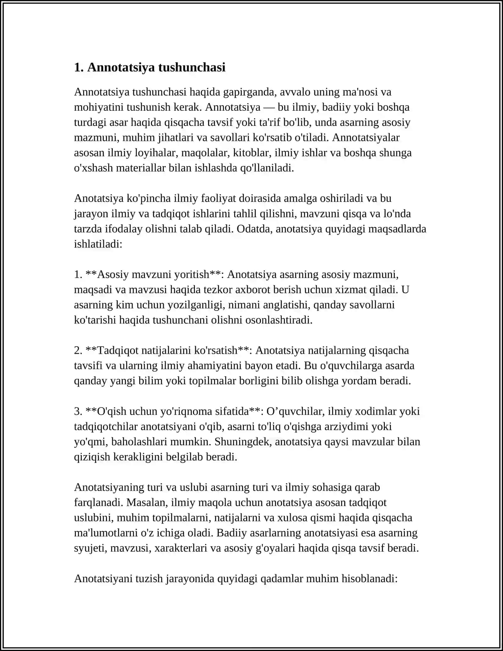NUTQ USLUBLARI (PUBLITSISTIK USLUB, ILMIY USLUB VA RASMIY-IDORAVIY USLUBLAR). ANNOTASIYA. ANNOTASIYA TURLARI 4