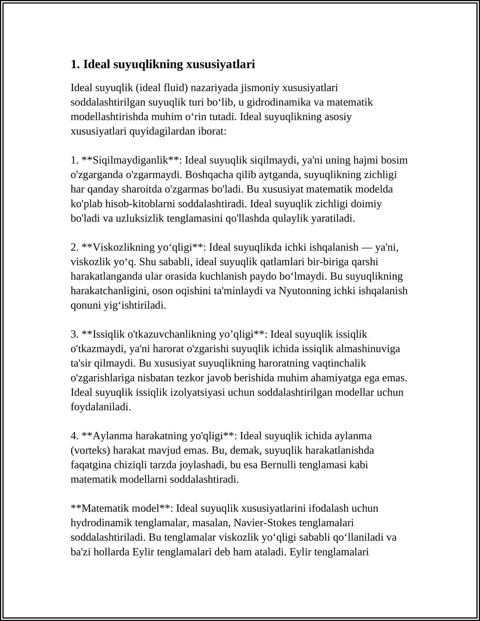 IDEAL VA YOPISHQOQ SUYUQLIK. SIQILMAYDIGAN SUYUQLIK GIDROSTATIKASI. IDEAL SUYUQLIKNING STATSIONAR HARAKATI. BEMULLI TENGLAMASI. YOPISHQOQ SUYUQLIK GIDRODINAMIKASI. YOPISHQOQLIK KOEFFITSIYENTI. SUYUQLIKNING QUVUR ICHIDAGI OQIMI. PUAZEYL FORMULASI 4