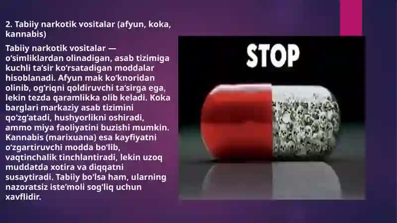 Tabiiy va sintetik narkotik vositalar. Foydasi va zarari 4