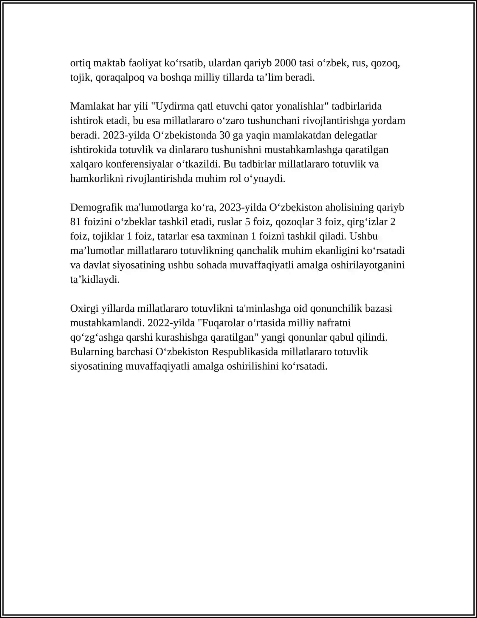 O‘ZBEKISTON RESPUBLIKASI XUDUDIDA ISTIQOMAT QILUVCHI BARCHA MILLAT VA ELATLAR TILLARI URF-ODATLARINI XURMAT QILINISHI 4