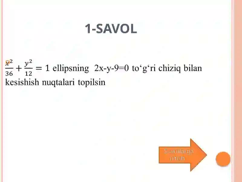 IKKINCHI TARTIBLI CHIZIQLARNING MARKAZINI TOPISHGA DOIR MASALALAR YECHISH 4