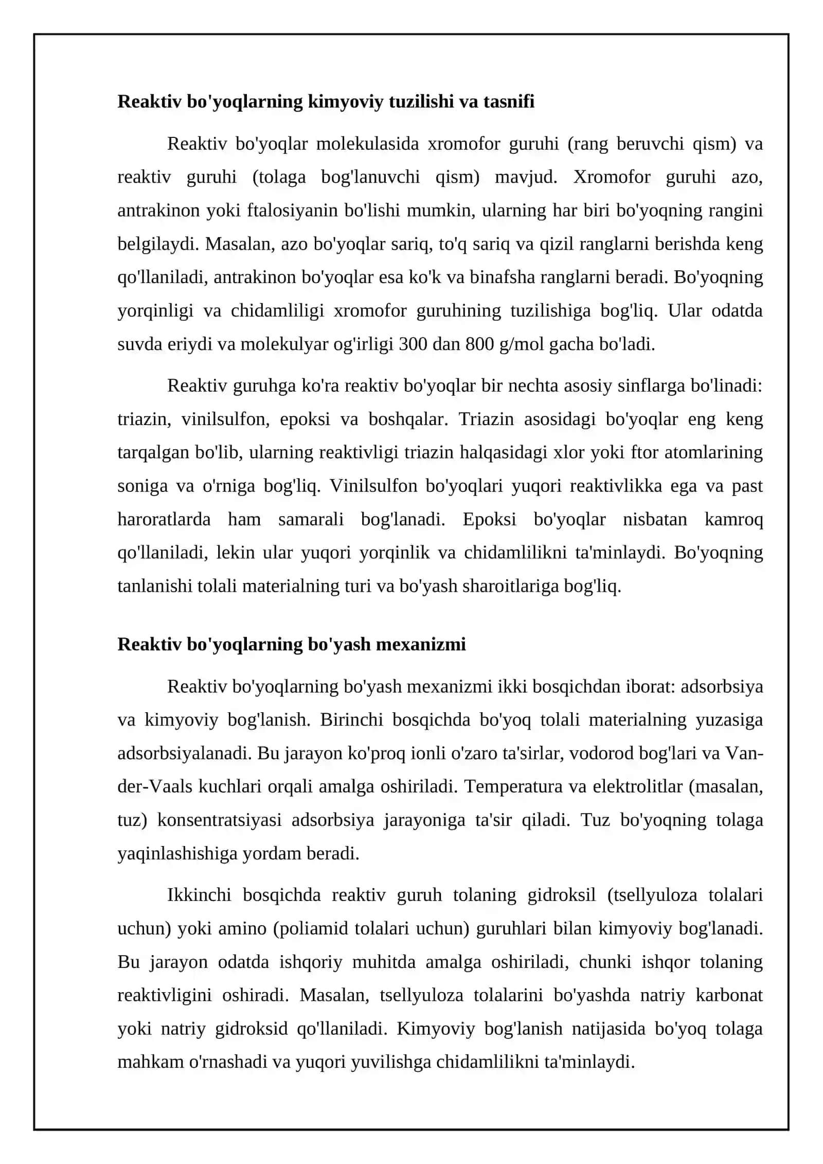 Reaktiv bo'yoqlar: Kimyo, Jarayon va Qo'llash usullari 4