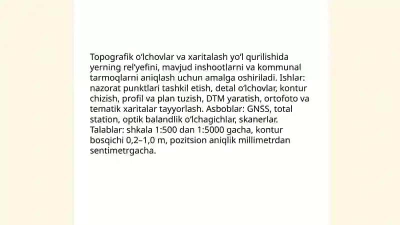 Yoʻl qurilishida bajariladigan geodezik rejalash ishlari bosqichlari 4