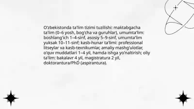 Oʻzbekiston talim tizimi va uning tizimi Abdumalikov Gʻiyosiddin Gʻaniyevich 4