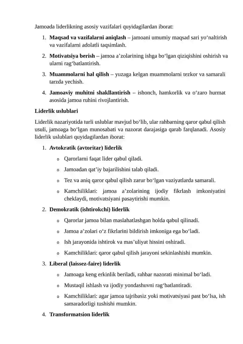 Jamoada liderlik uslubini o‘rganish va amaliyotga joriy etish 4