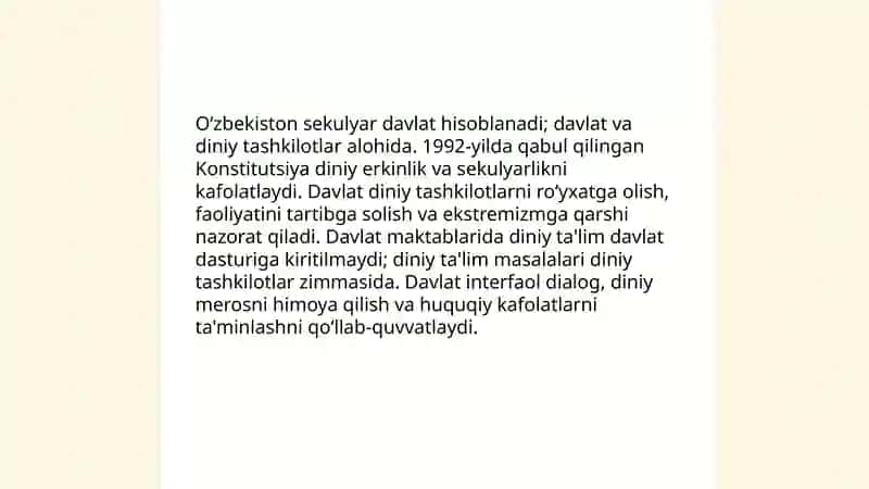 O'zbekiston Respublikasida din va diniy tashkilotlarga munosabat 4