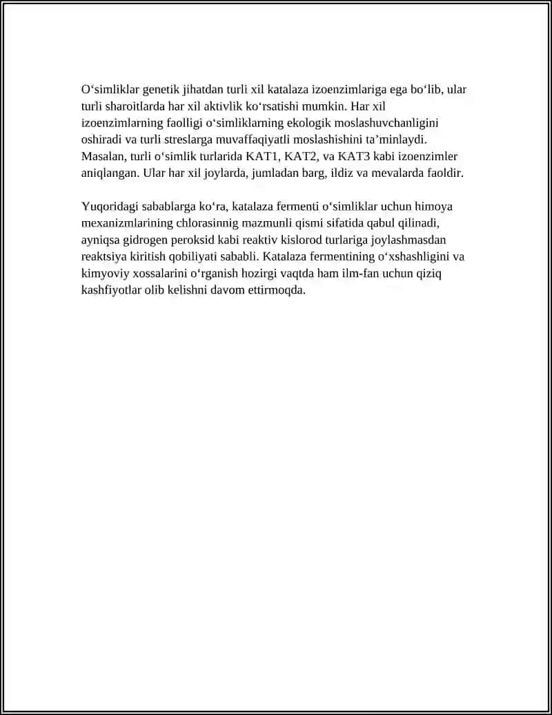 KATALAZA FERMENTI VA UNING OʻSIMLIKLARDAGI AHAMIYATI 4