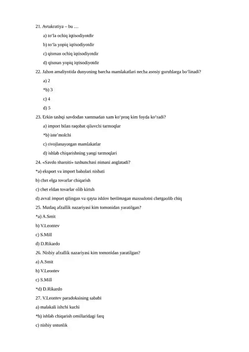 Jahon iqtisodiyoti fanidan test 4