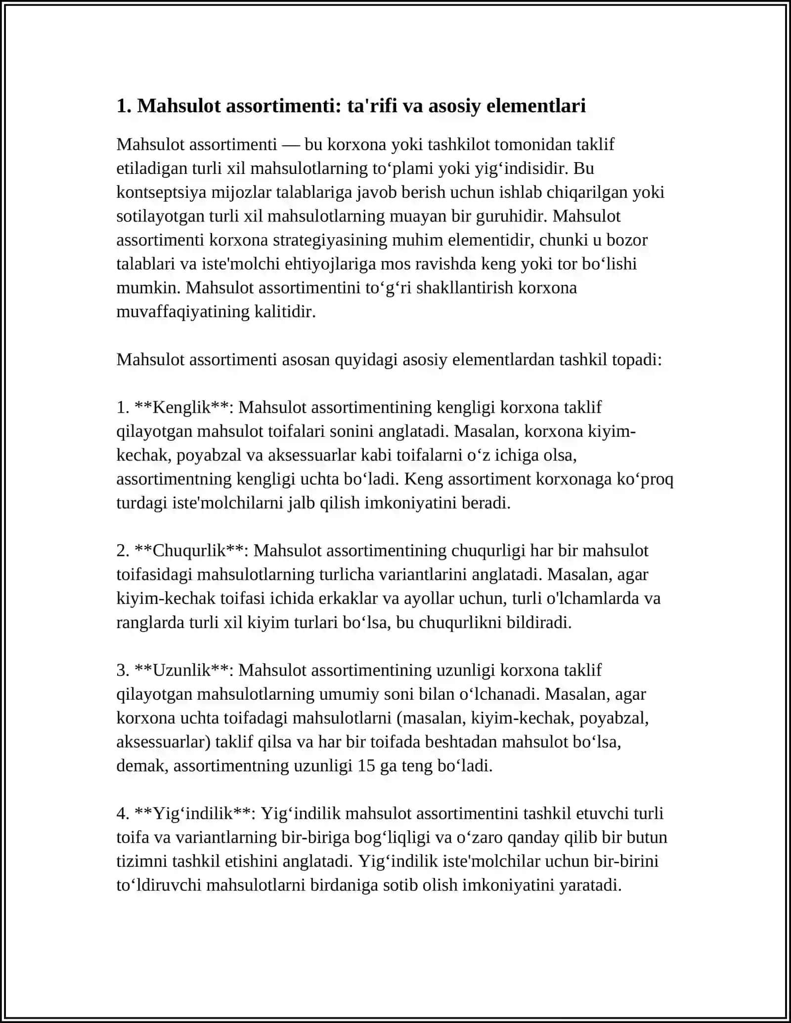 MAHSULOT ASSORTIMENTI VA NOMENKLATURASI. DIVERSIFIKATSION MARKETING 4