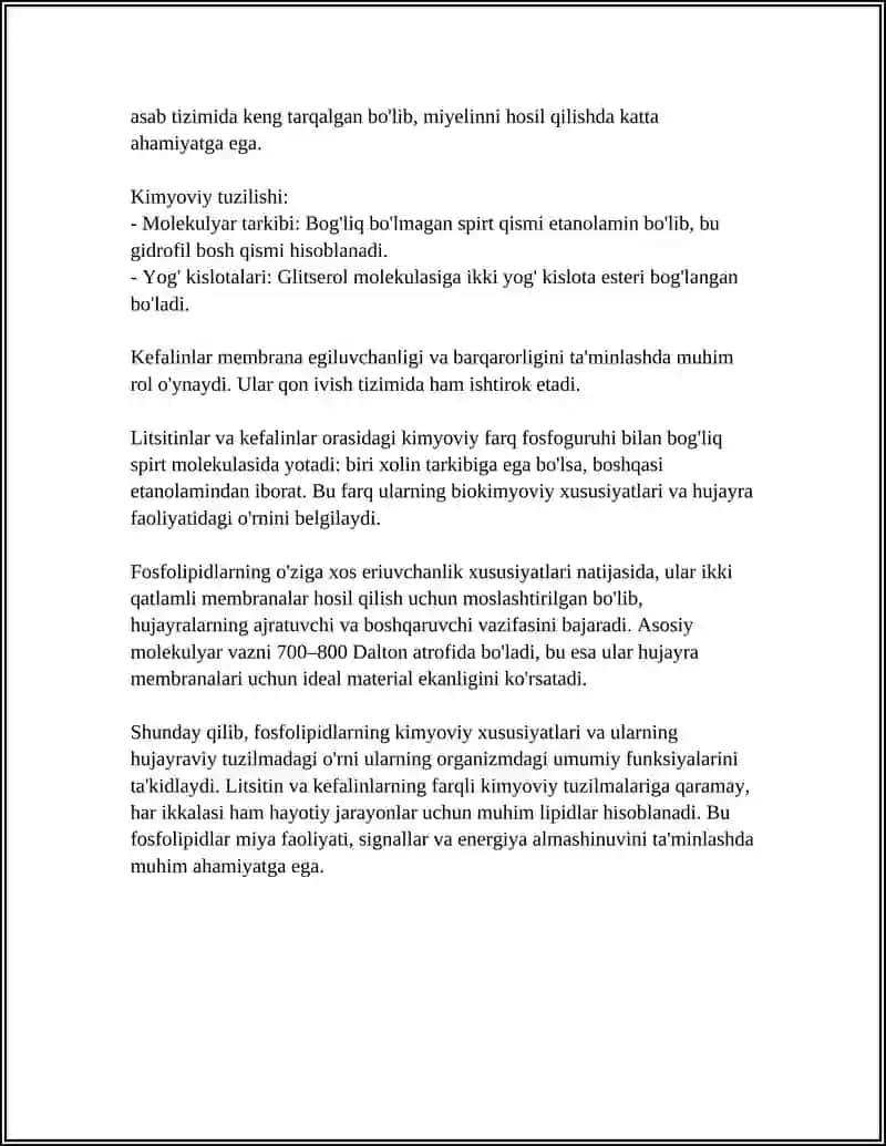 FOSFOLIPIDLAR LITSENITLAR VA KEFALINLAR. FERMENTLAR TA'SIRIDA O'ZGARISHI 4
