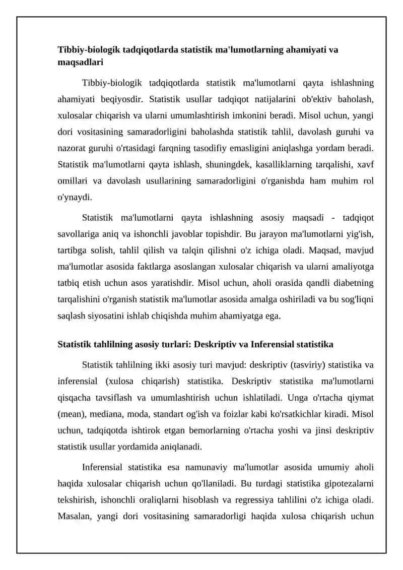 Tibbiy va biologik tadqiqotlarning statistik ma'lumotlar natijalarini qayta ishlash imkoniyati 4