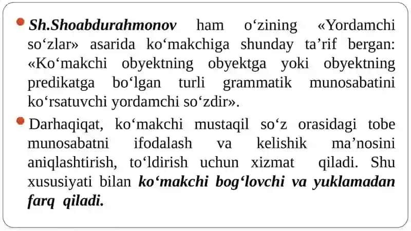 Namangan viloyati Norin tumani 14-maktab ona tili va adabiyoti fani o’qituvchisi Jalolova Zarnigor Xolmamatovna 7-sinflar uchun ko’makchi mavzusi 4