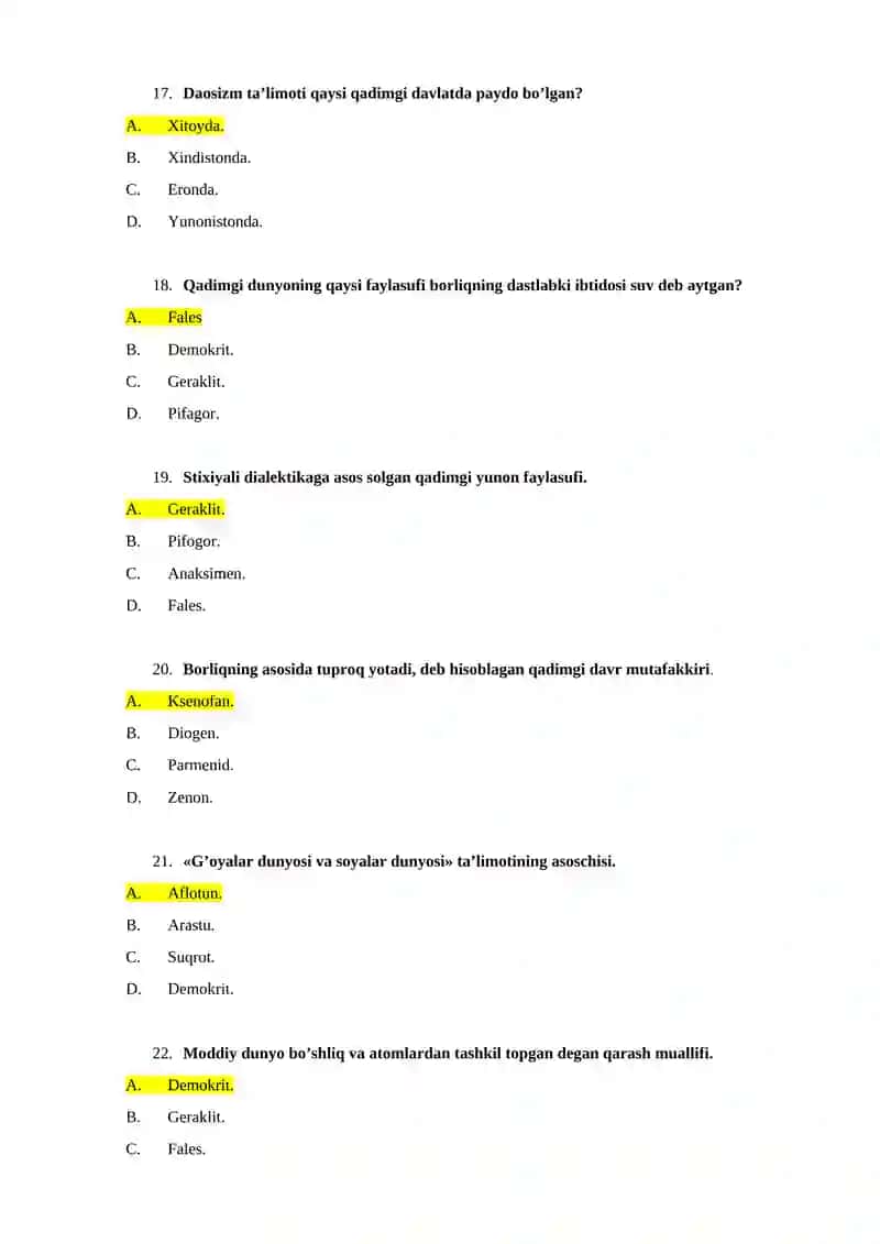 FALSAFADAN TEST SAVOLLARI 4