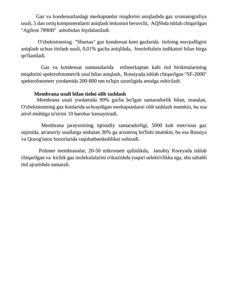 Gaz va kondensatlarni tiollardan tozalash 4