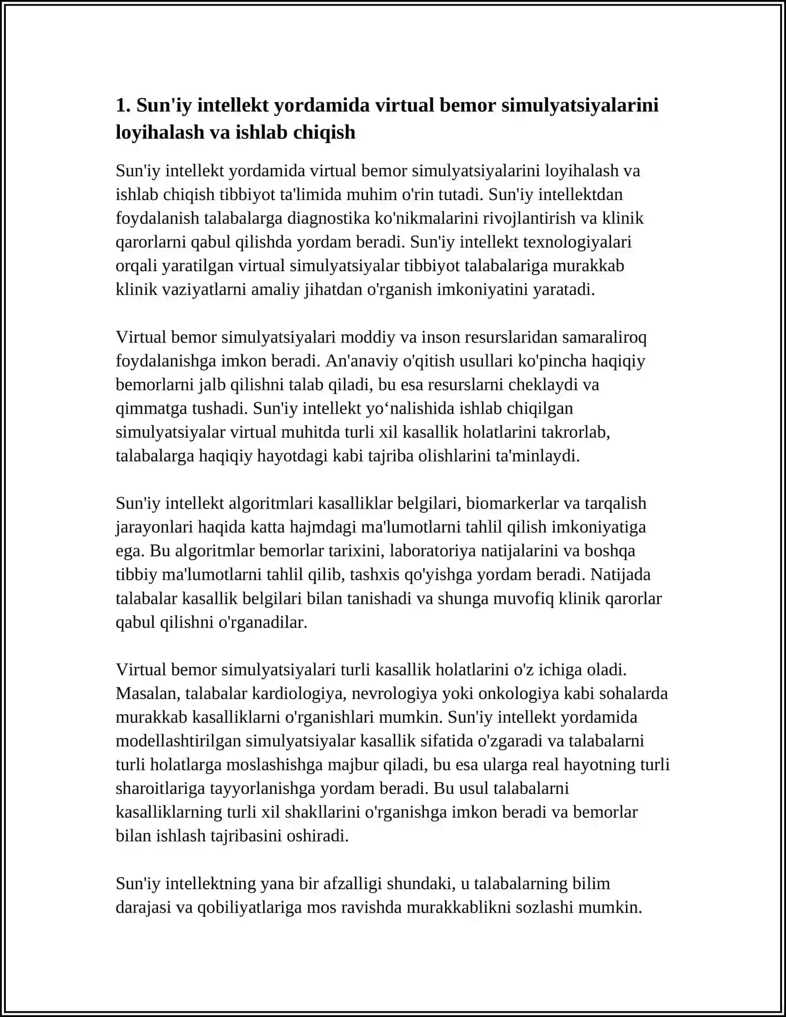 SUNIY INTELLEKT YORDAMIDA TALIM MAQSADLARIDA TALABALARNI VIRTUAL O'QITISHDA SIMULYATSIYALAR YARASHTISH ORQALI DIAGNOSTIKASI KO'NIKMALARINI O'RGATISH VA KLINIK QARORLAR QABUL QILISH 4