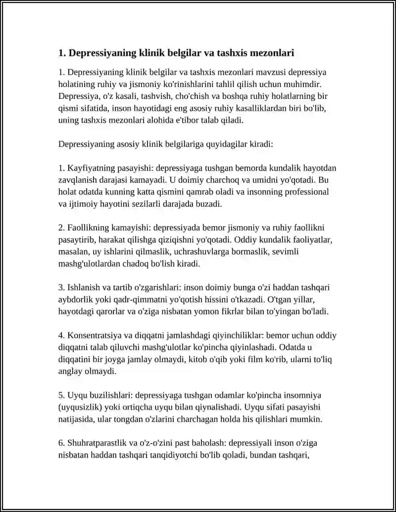 Depressiyaning klinik belgilar va tashxis mezonlari 4
