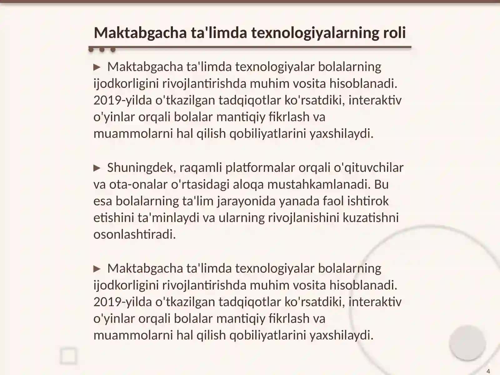 Maktabgacha taʼlimda inavatsion tehnalogiya fani. Inavatsiya va jamiyat mavzusi 4