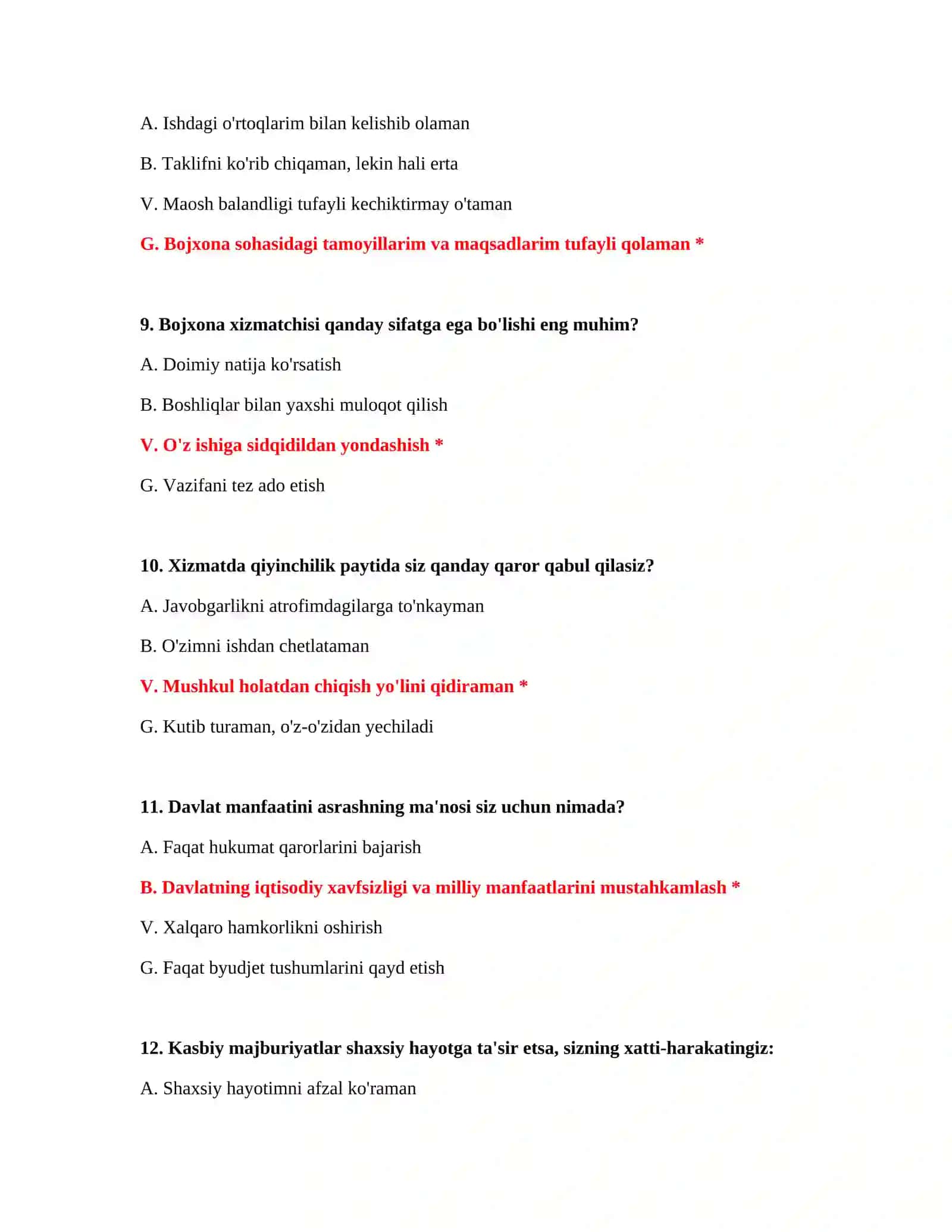 Bojxona testlari javoblari PDF 4
