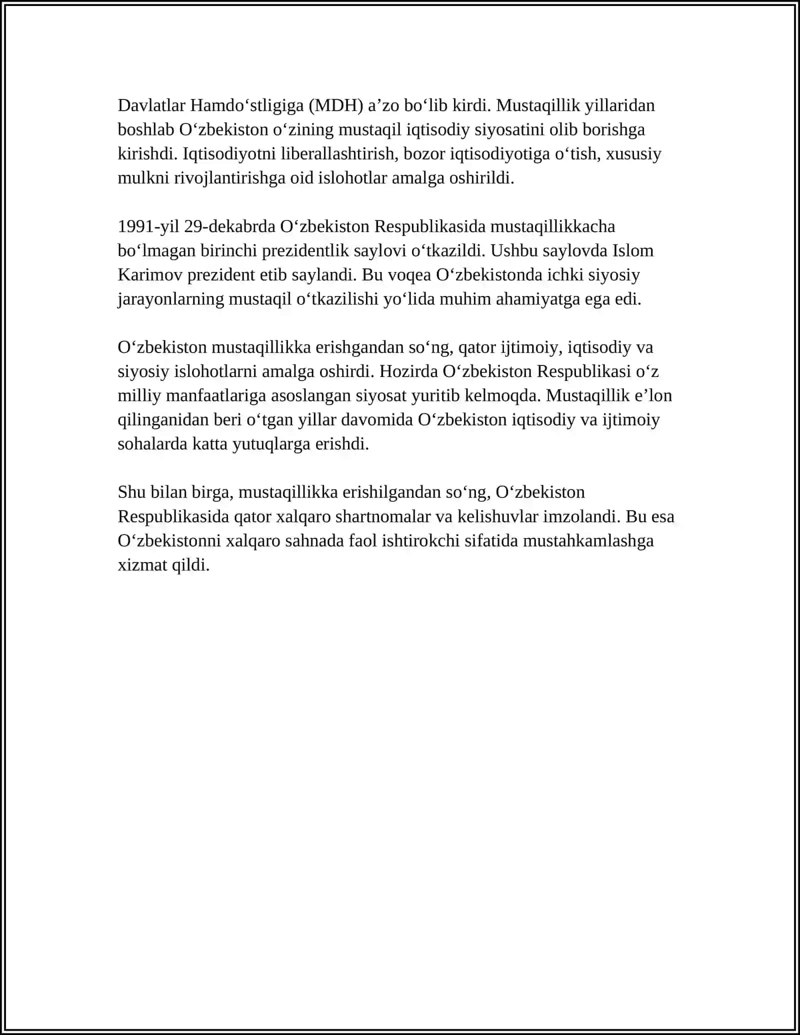 MUSTAQIL OʻZBEKISTON RESPUBLIKASINING TUZILISHI VA UNING TARIXIY AHAMIYATI 4