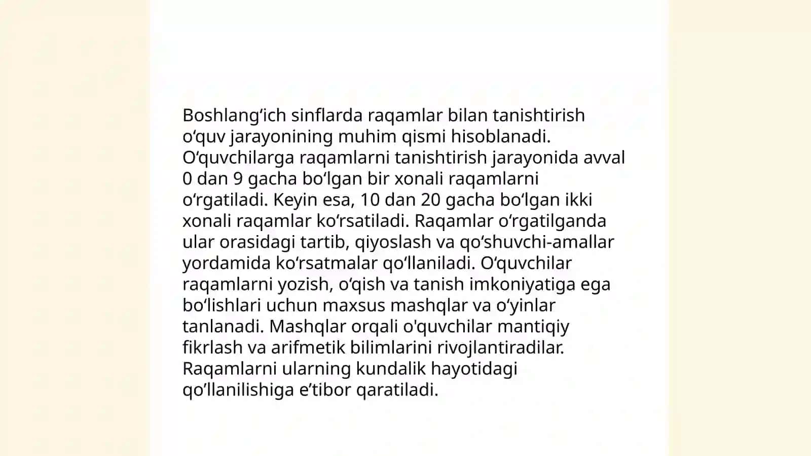 Boshlang'ich sinflarda 10, 100, 1000 va koʻp xonali sonlar ustida nomanfiy butun sonlarni nomerlashga oʻrgatish metodikasi 4