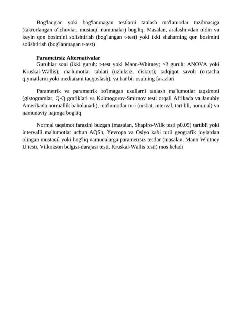 Malumotlarni statistik taqqoslash metodlarining tanlashning asosiy mezonlari 4