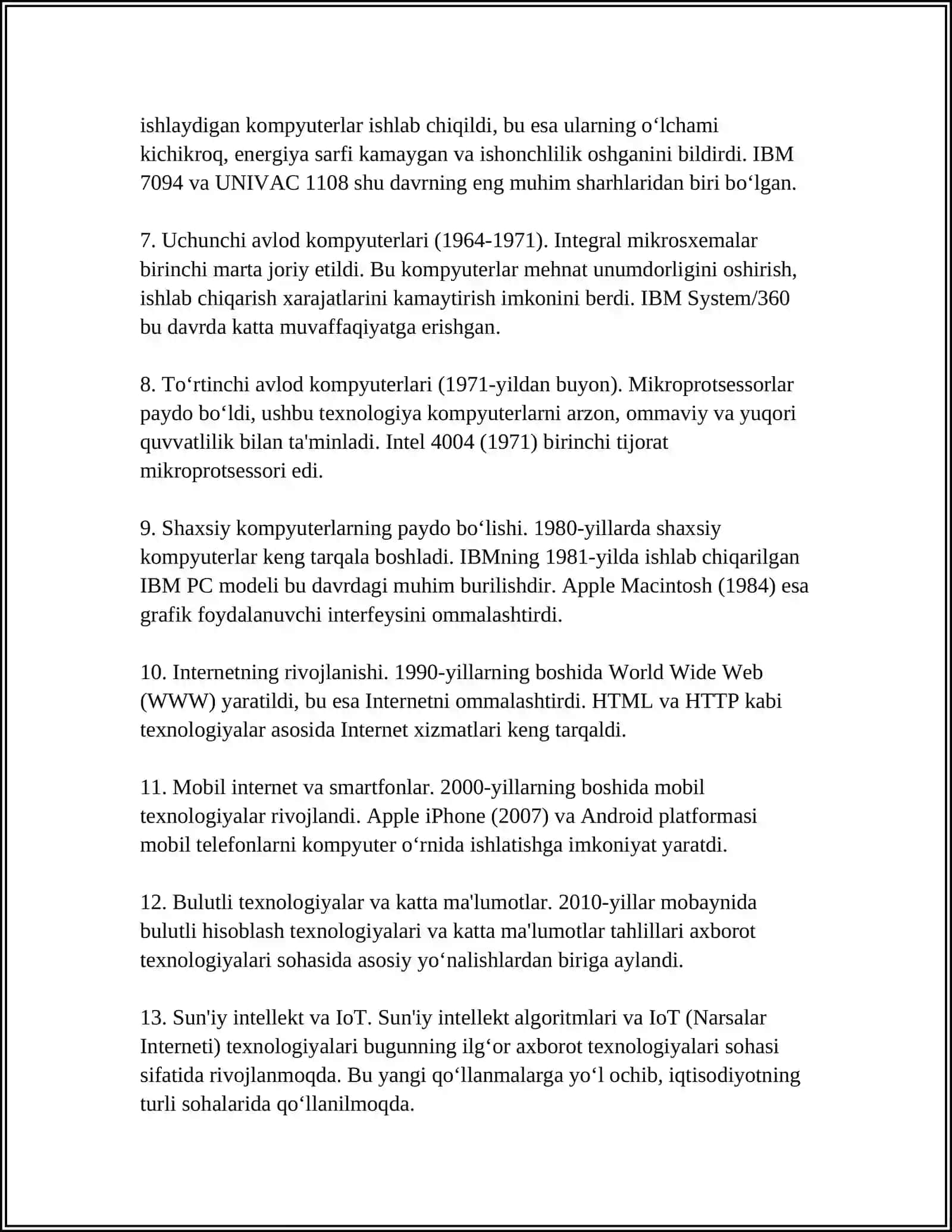 AXBOROT TEXNOLOGIYALARI TARIXI, MAQSAD VA VAZIFALARI. ZAMONAVIY MULTIMEDIA VOSITALARI. ZAMONAVIY KOMPYUTERLARNING ARXITEKTURASI VA STRUKTURASI 4