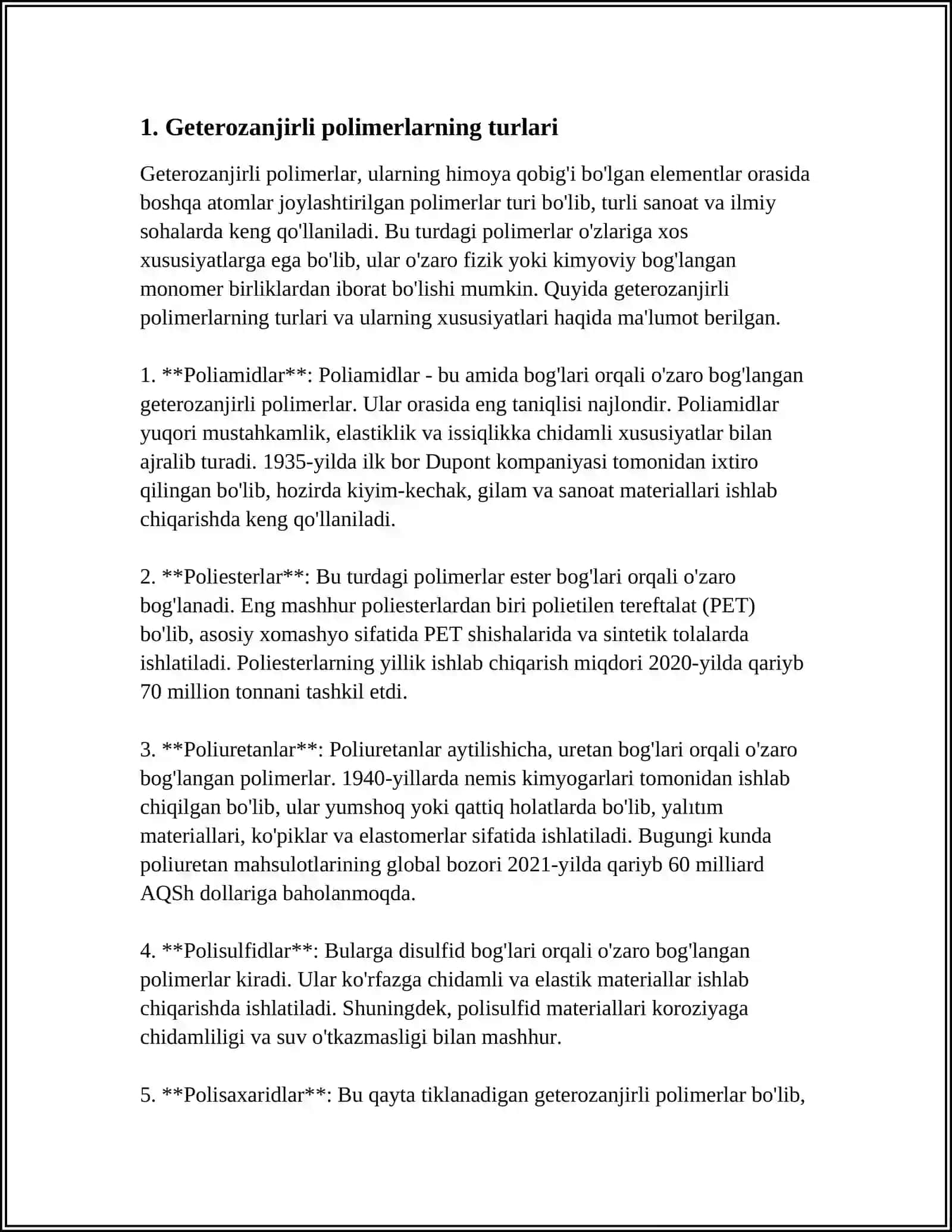 GETEROZANJIRLI POLIMERLARNING OLINISHI, XOSSALARI VA ISHLATILISHI 4