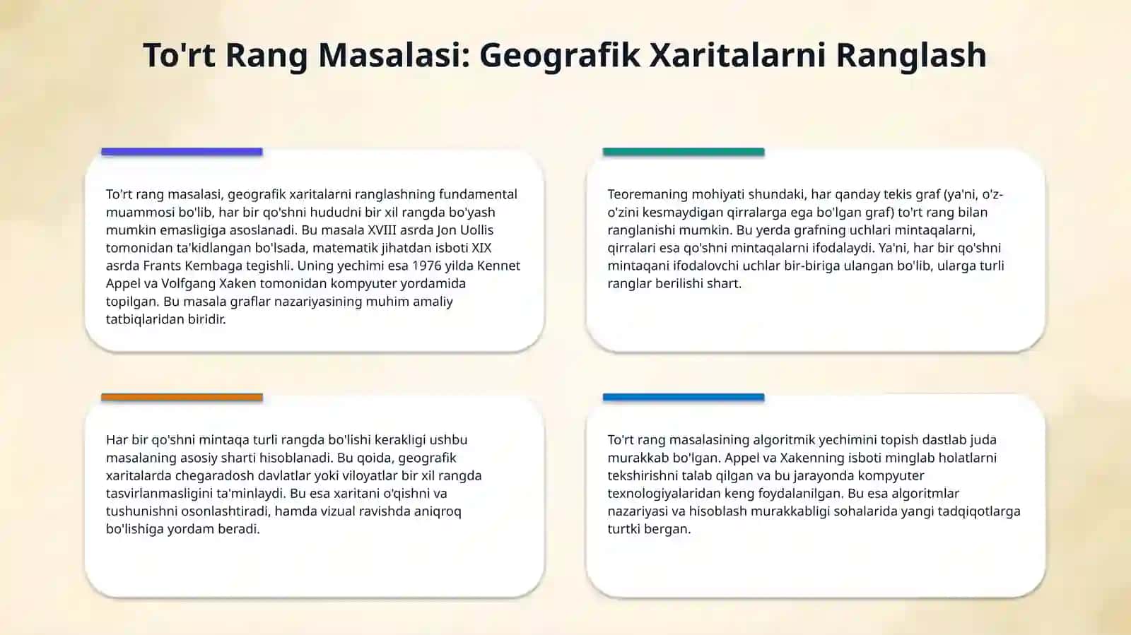 Toʻrt xil rang masalasi. Graflarni xarakterlovchi sonlar. Graf uchlari darajasi.Graf qirralari soni. Graflarning toʻldiruvchilari. Eng qisqa yoʻl. Grafning boglamligi 4