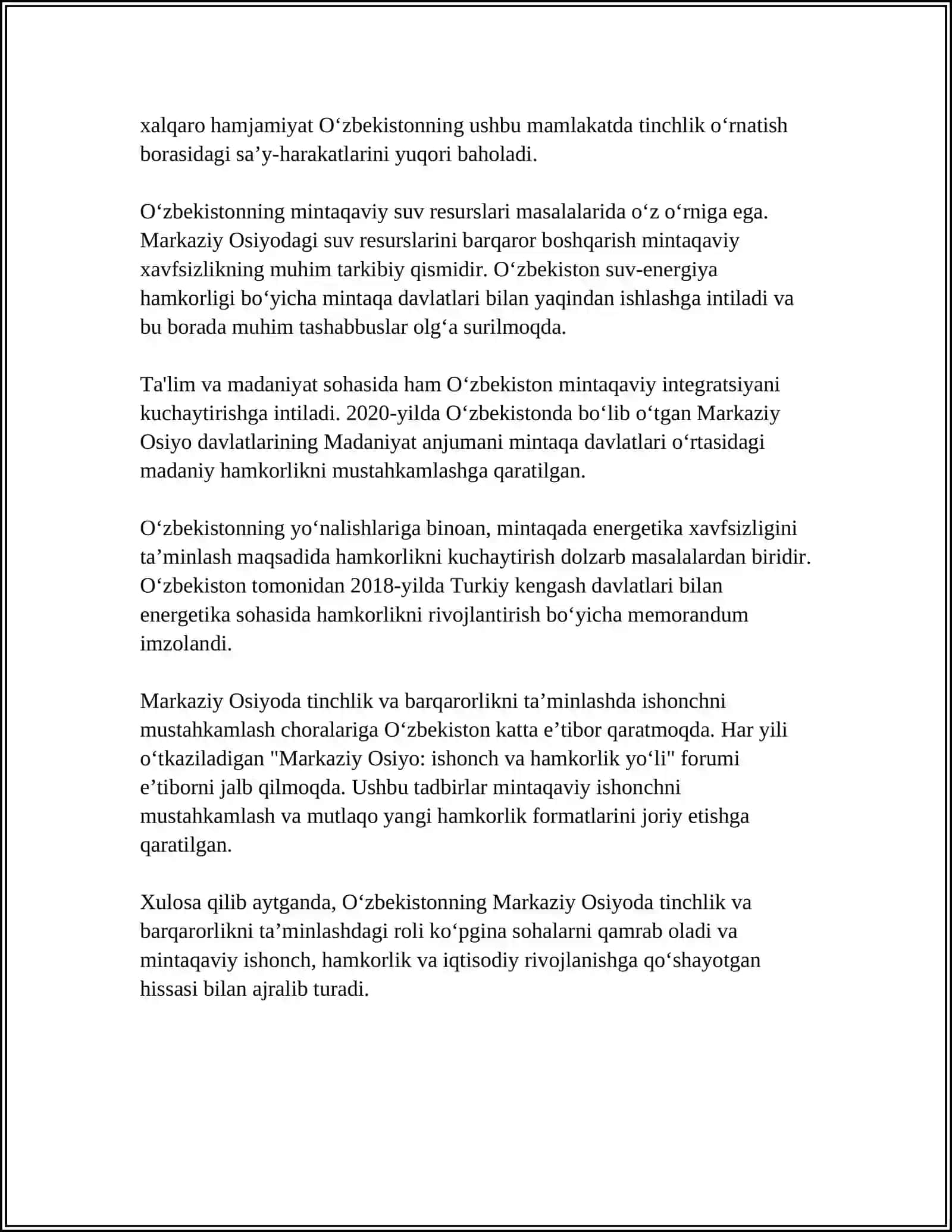 O'zbekistonning Markaziy Osiyoda Tinchlik va Barqarorlikni Taminlashdagi O'rnida 4