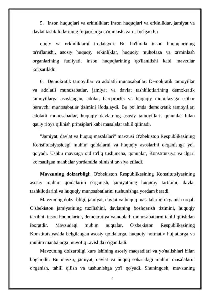 O’zbekiston Respublikasining Konstitutsiyasida jamiyat, Davlat va huquq masalalari 4