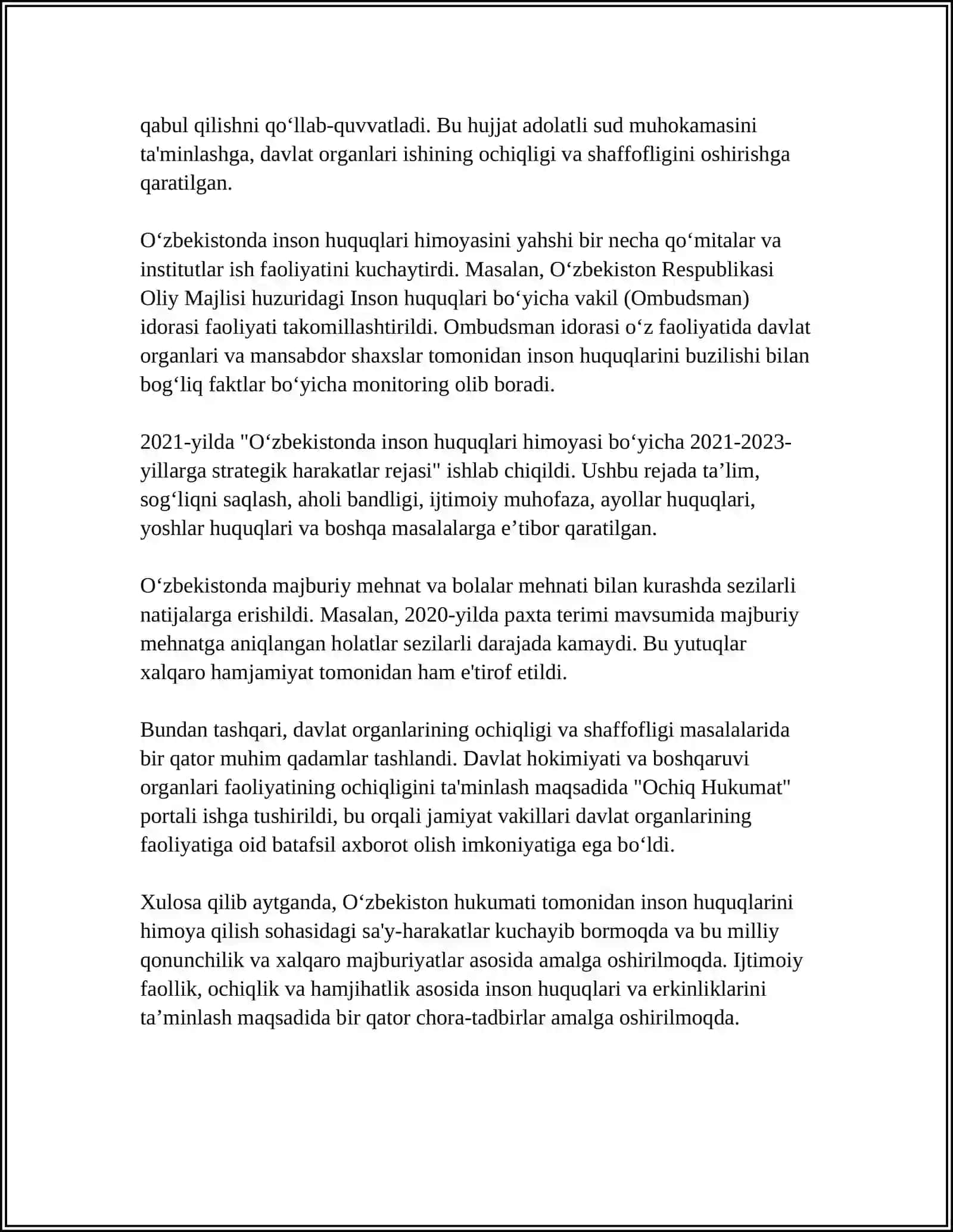 YANGI OʻZBEKISTONDA INSON HAQ-HUQUQLARI VA ERKINLIKLARI KAFOLATINING YARATILISHI 4