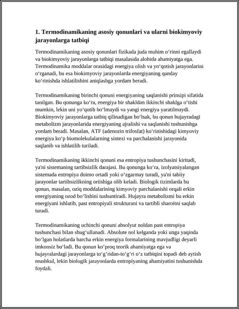 TERMODINAMIKA VA KIMYOVIY TERMODINAMIKA. METABOLIZM JARAYONIDA ENERGIYA HOSIL BO‘LISHI VA SARFLANISHI 4