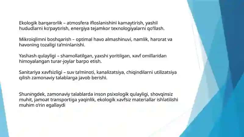 Zamonaviy turar-joylar va shaharlardagi yashash mavzelariga bo‘lgan umumiy gigiyenik talablar 4