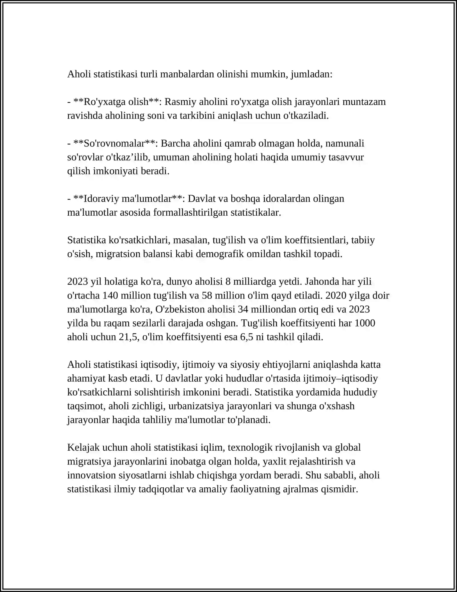 "AHOLI STATISTIKASI" FANINING PREDMETI, USLUBIYATI VA VAZIFALARI 4
