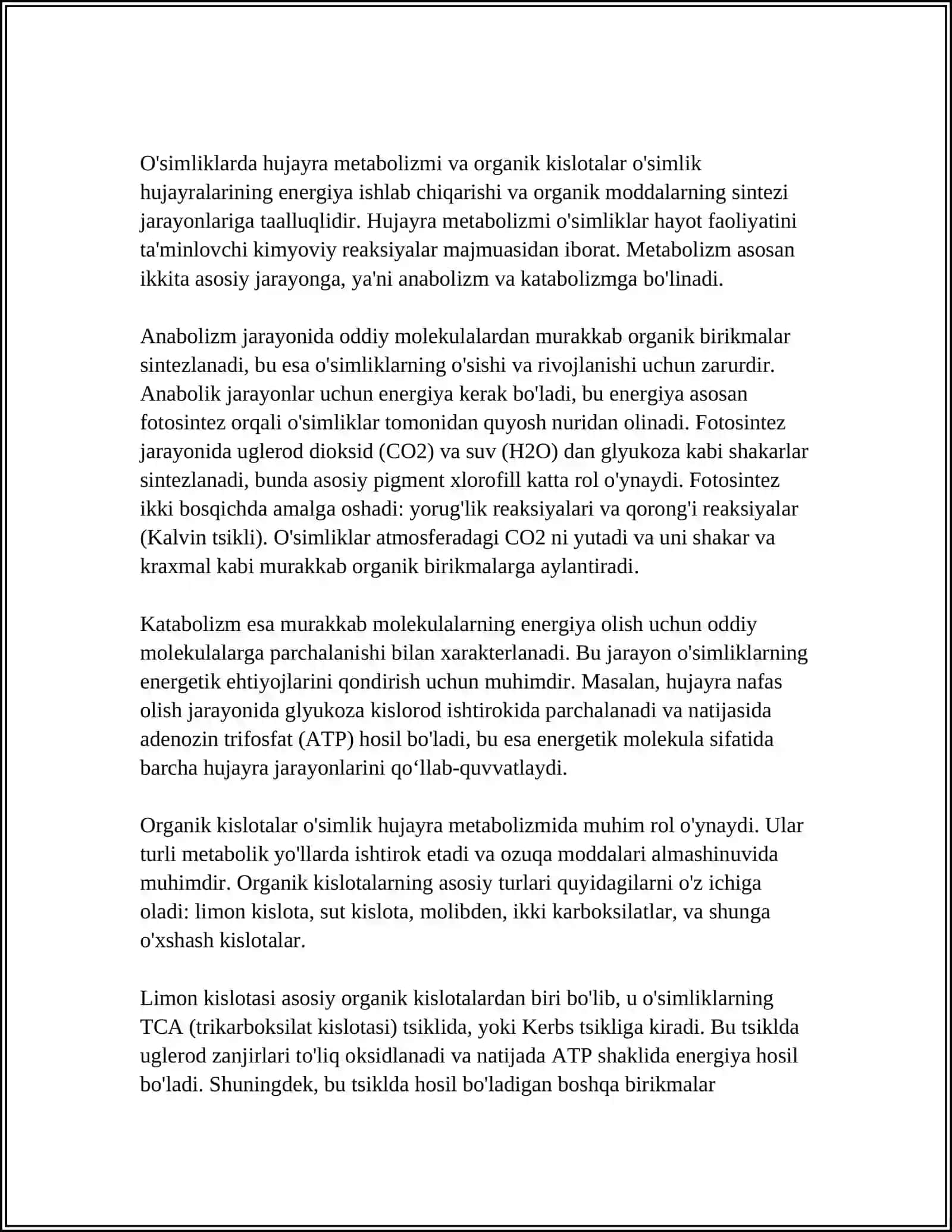O‘SIMLIKLARDAGI ORGANIK KISLOTALAR VA ULARNING AHAMIYATI 4
