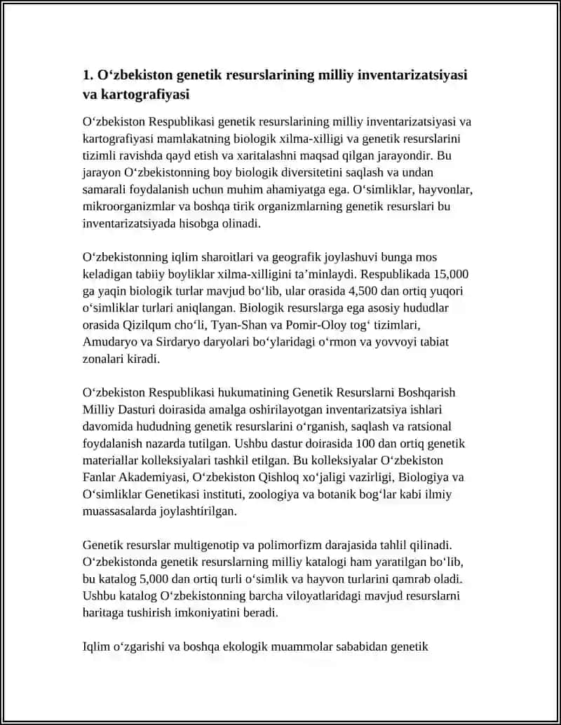 O‘ZBEKISTONNING O‘Z GENETIK RESURSLARINI STRATEGIK REJALASHTIRISH, BU BORADAGI SIYOSATNI ISHLAB CHIQISH 4