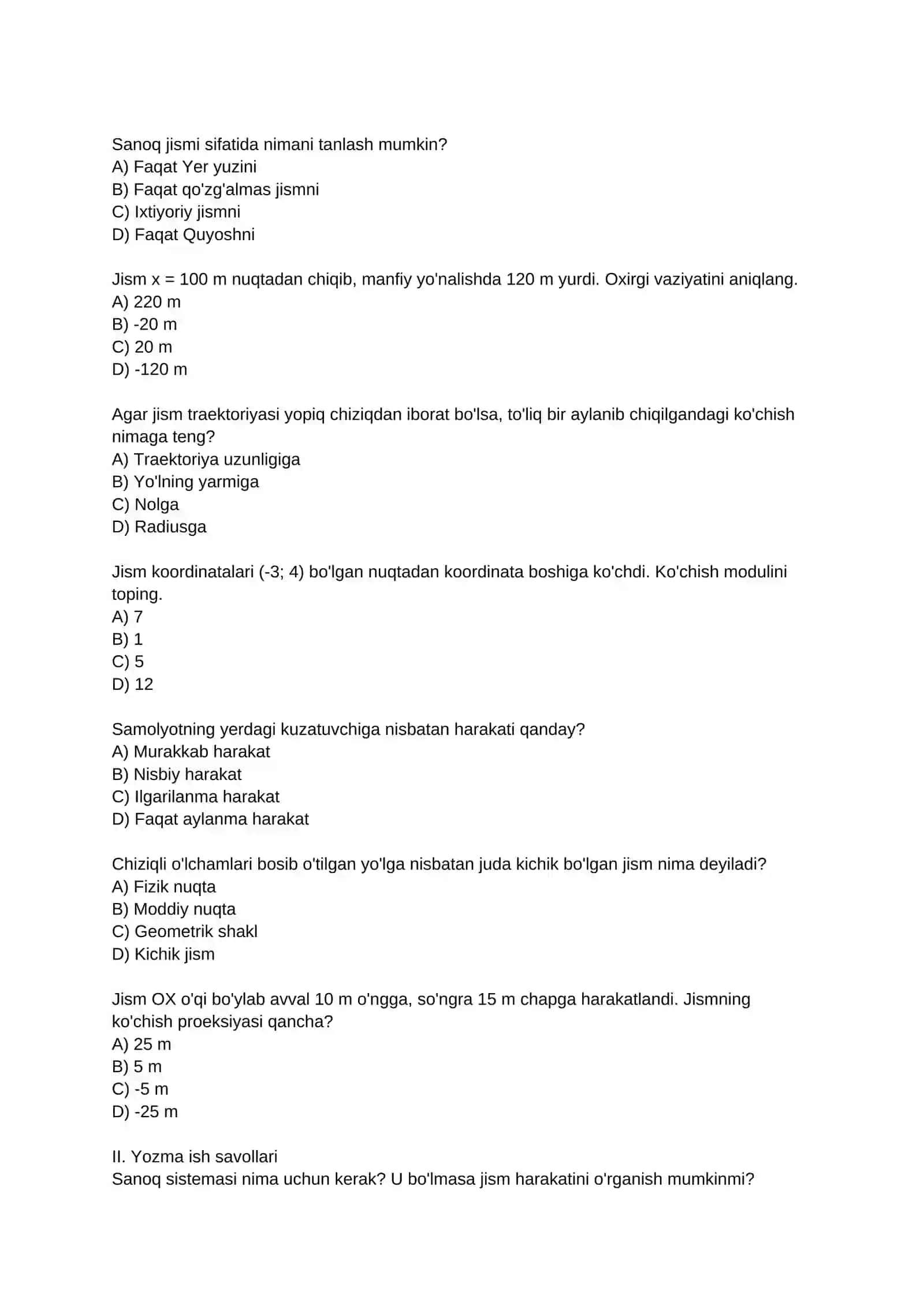 Fizika fanidan "Mexanika" bo'limiga oid mavzulashtirilgan test va yozma ish savollari (ya'ni tayyor o'quv dasturi, bir yillik nazorat materiallari ) 4