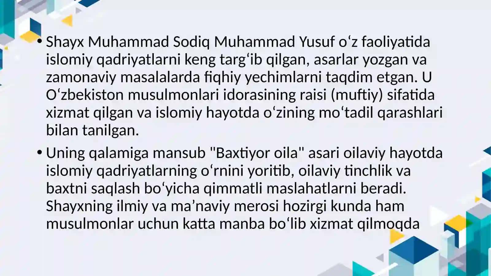 Shayx Muhammad Sodiq Muhammad Yusufning " Baxtiyor Oila" asarida islom qadriyatlarini talqin 4