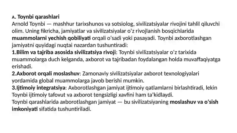 Axborotlashgan jamiyat va uning istiqbollari mavzusida esse tayѐrlash (A.Toynbi, E.Toffler, S.Xantington asarlarining qiѐsiy tahlili asosida). 4