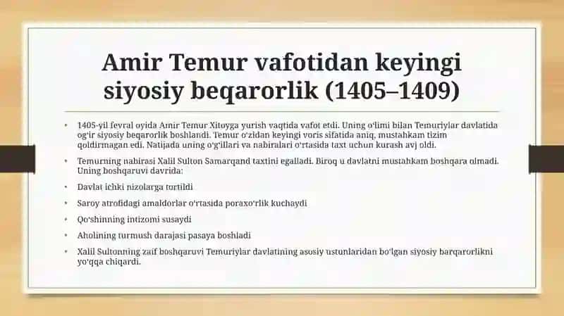 Taqdimot  Mavzu; 1470-1405 yillarda Movarounnahrda temuriylar davlati inqrozining kuchayib borishi 4