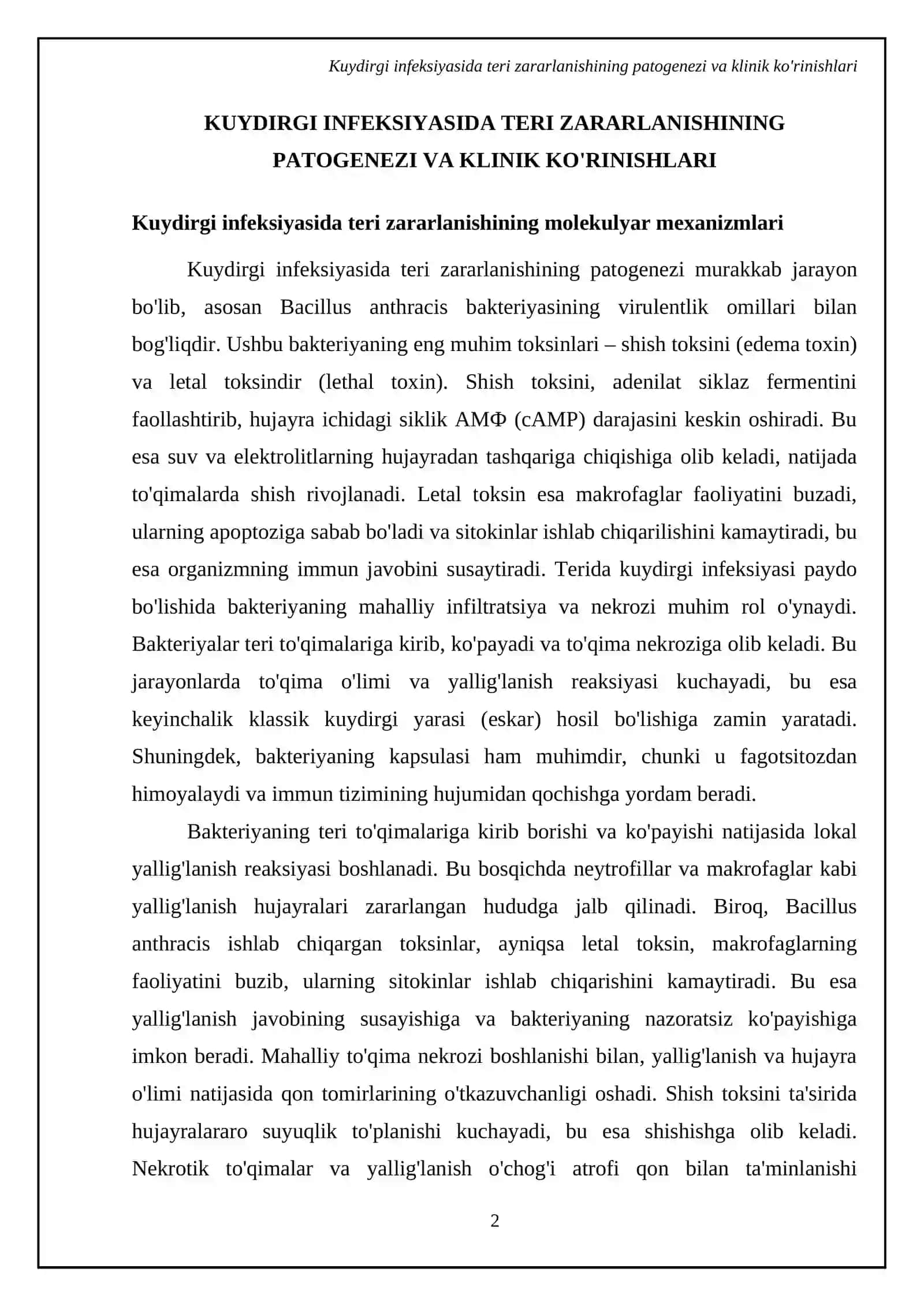 Kuydirgi infeksiyasida teri zararlanishini patogenezi, klinik manzarasi, tashxislanishi, umumiy va mahalliy davolash va oldini olish qoidalari Noklostridial va chirituvchi xirurgik infeksiya -etiologiyasi, patogenezi 4
