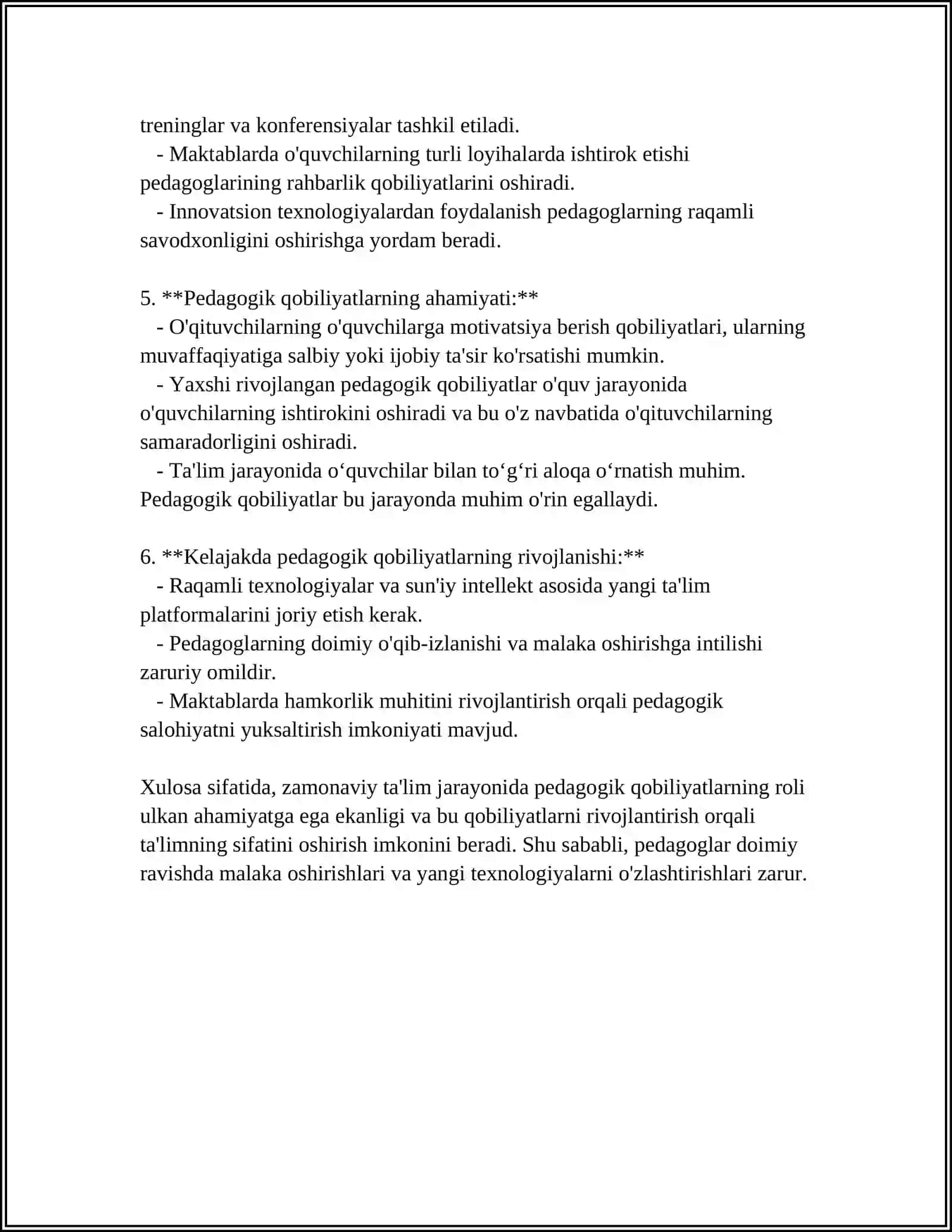REFERAT: HOZIRGI KUNDAO'QITUVCHILAR PEDAGOGIK QOBILIYATINI SHAKLLANTIRISH IMKONIYATLARI 4