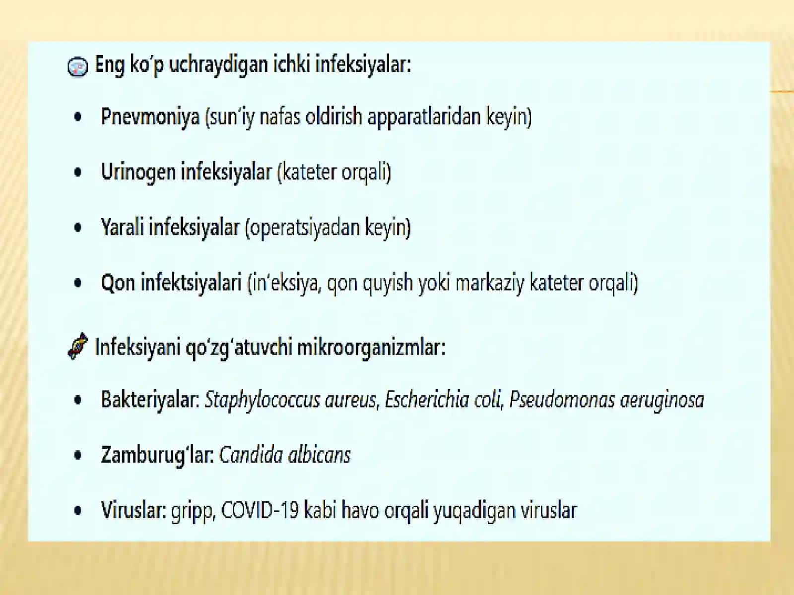 Kasalxonai chiki infeksiyalarning tushunchasi, havomuhitining bakteriologik ifloslanishi haqida umumiy tushuncha 4